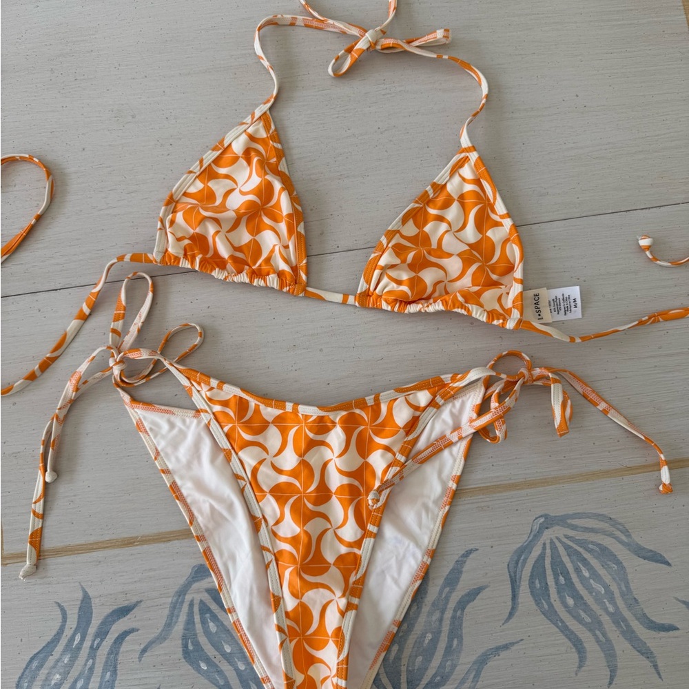 l*space Orange and White Retro Swim Triangle Bikini